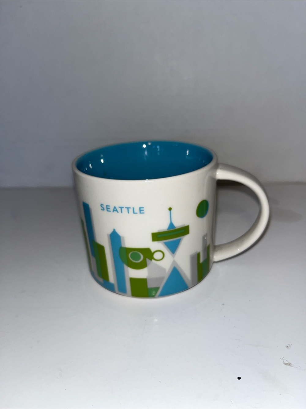 Starbucks Seattle Skyline Mug - White with Blue & Green Accents